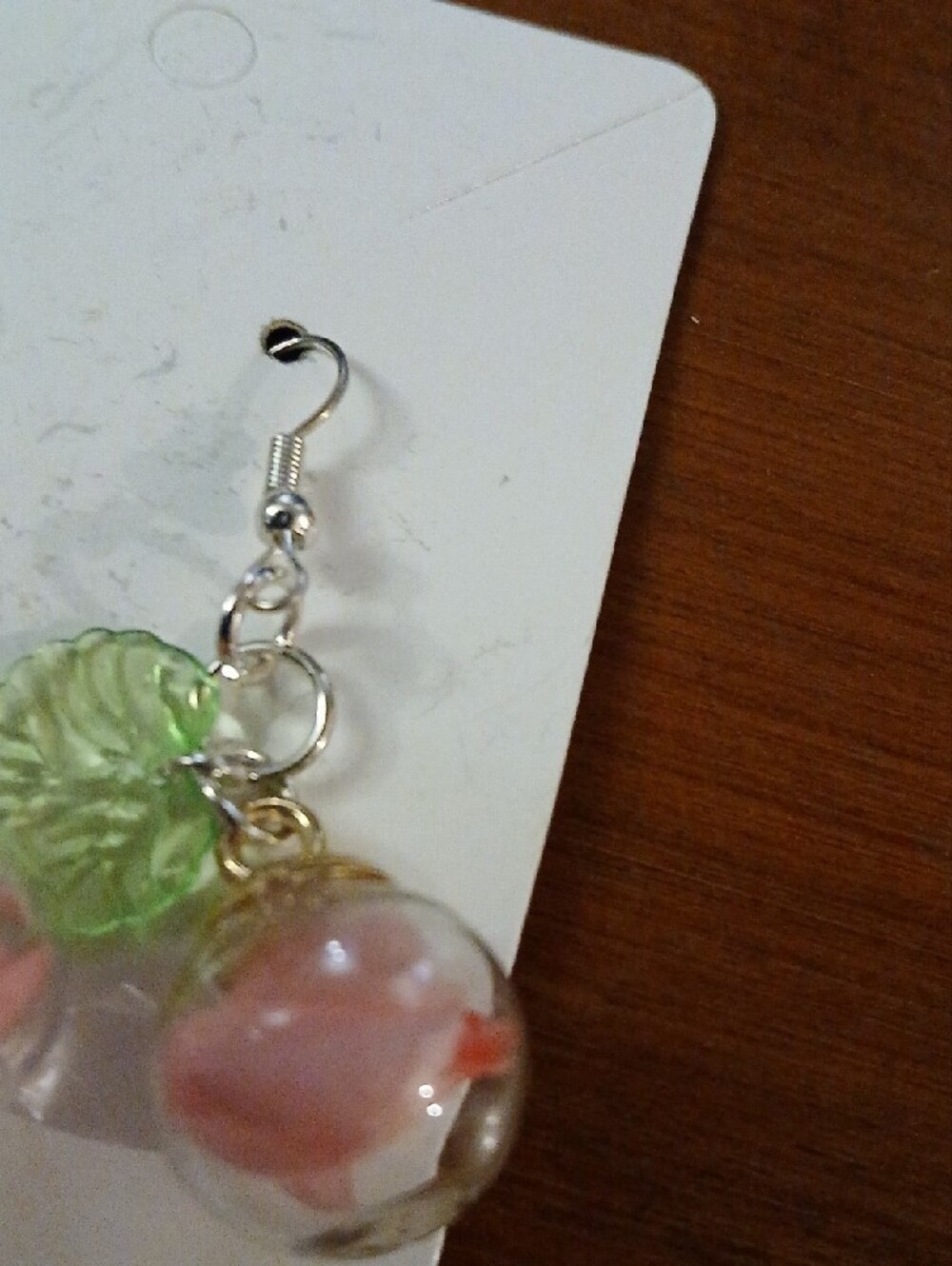 Handmade Pink Glass Flower & Green Leaf Dangle Earrings - Picture 5 of 8